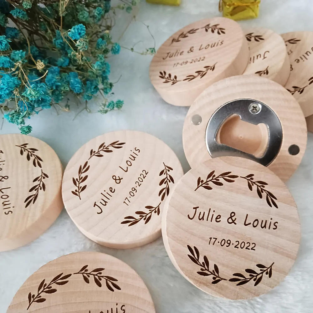 Magnete per frigorifero in legno in acciaio inossidabile personalizzato apribottiglie rotondo fai da te sottobicchiere magnetico