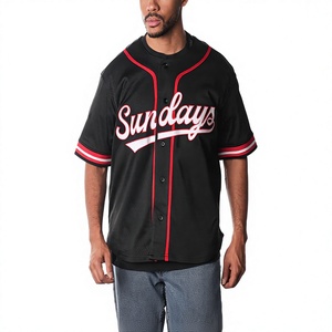 Camiseta de Béisbol para Hombre, Manga Corta, Negra con Ribete Rojo, Cierre de Botones, Transpirable, Poliéster, Corte Regular, para Adultos, Todas las Temporadas - Product Image 1