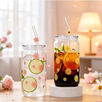 Gobelet réutilisable en verre borosilicate de 500 ml avec motif marguerite mignon, couvercle en plastique et paille en verre, idéal pour café glacé, boissons et lait