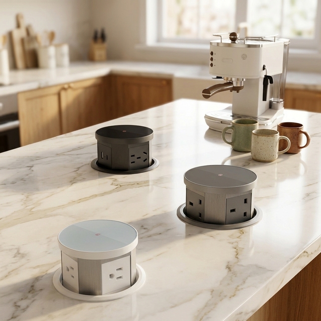 Custom 3-Outlet Pop-Up Outlet Tower PVC and Aluminum Kitchen Table Power Socket With Wireless Charger Desktop Pop-Up Sockets