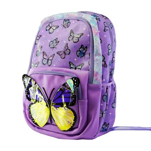 Tas sekolah anak-anak seri kupu-kupu HSI, tas sekolah bahan PVC poliester, warna ungu, ransel siswa untuk anak perempuan, tas sekolah dapat disesuaikan