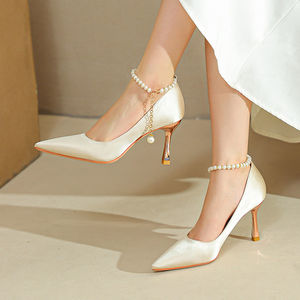 Chaussures à talons hauts en soie <span class=keywords><strong>grande</strong></span> <span class=keywords><strong>taille</strong></span> <span class=keywords><strong>44</strong></span>, confortables, avec chaîne de perles, couleur champagne, pour mariée et demoiselle d'honneur, collection 2024 - Product Image 5