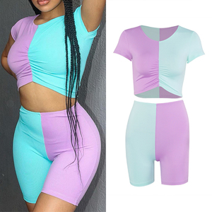 Tshirt Shorts Maigres Femmes D'été Bloc De Couleur Femmes Vêtements De Haute Qualité Deux Pièces Ensemble Femmes Vêtements - Product Image 1