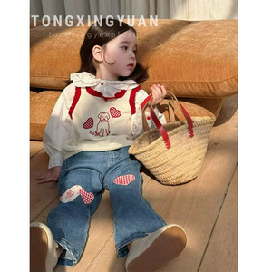 Girls' Korean Style Cartoon Knitted Vest With Jeans Set Spring Outfits For Children - Product Image 5