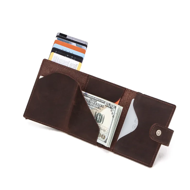 CONTACTS genuine leather RFID blocking zipper coin purse metal aluminum men wallet pop up slim wallet credit card holder for men