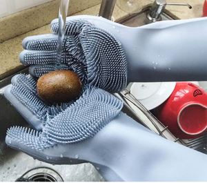 Reusable Gray Silicone Dishwashing Gloves With <b>Brush</b> Scrubber Rubber <b>Scrubbing</b> Gloves for Dishes - Product Image 3