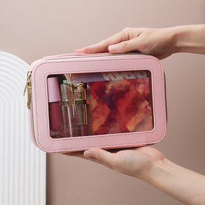 Sac de maquillage de voyage personnalisé HMU avec logo, boîte organisatrice de luxe décontractée, sac de maquillage <span class=keywords><strong>rose</strong></span> transparent avec fermeture éclair - Product Image 1