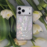 Coque de téléphone antichoc à texture coquillage irisée avec strass pour iPhone 17 16 15 14 13 12 11 Samsung A36 A56