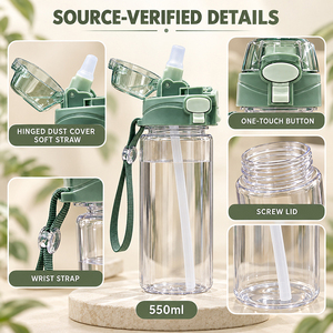550ml Transparent PP Straw <b>Water</b> <b>Bottle</b> with One-Touch Dust Cover and Wrist Strap Custom Logo OEM ODM - Product Image 2