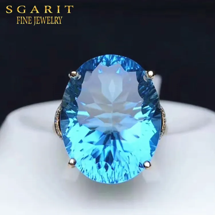 SGARIT Dropshipping Jewellery Custom High Quality Gemstone Jewelry 18k Gold 20.6ct Brazil Natural Swiss Blue Topaz Women Ring