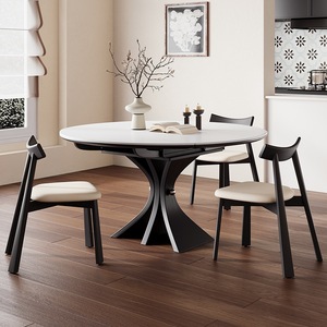 Set <span class=keywords><strong>Tavolo</strong></span> da Pranzo Rotondo Minimalista a 4 Posti Estensibile e Pieghevole con Piano in <span class=keywords><strong>Legno</strong></span> <span class=keywords><strong>Massello</strong></span> e Lastra di Pietra per Ristoranti e Arredamento Domestico - Product Image 1