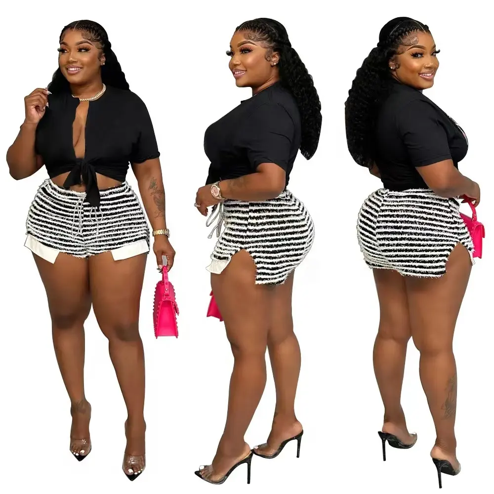 ZHEZHE L-4XL Plus size women's shorts fashion black&white fuzzy shorts sexy booty shorts for ladies casual women's short pants