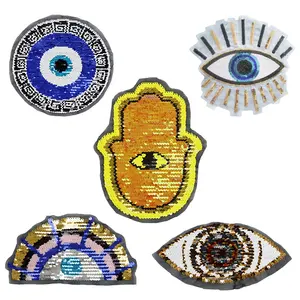 Parches con lentejuelas Mexican style evil eye shiny colorful reverisible sequin sew on mesh sequin patch