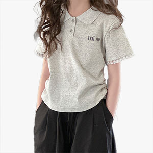 Camiseta Polo de Manga Corta para Niñas, Colección Verano 2026, Top Corto con Ribete de Encaje para Niñas Mayores, Ajuste Delgado, Manga Media, Estilo Casual - Product Image 5