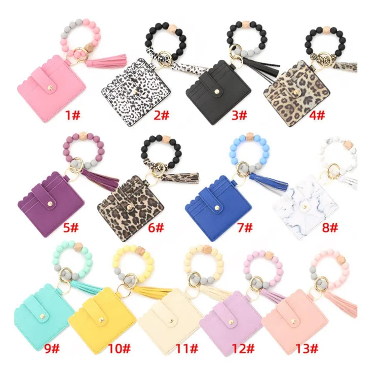 New Leopard Cow Paw Pattern Silicone Bead Keyring Bangle Pocket Pu Leather ID Credit Card Holder Women Wristlet Wallet Keychain
