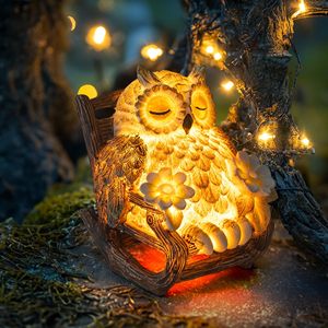 Hibou Jardin Sculpture LED Solaire Hibou Allongé Figurine Statue pour La Maison Cheminée Décoration Extérieure Statues Solaire Résine Lumière - Product Image 4