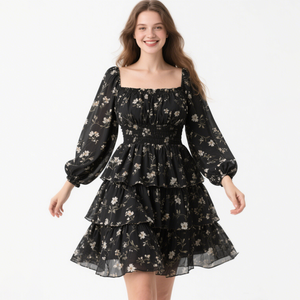 Printemps Automne <span class=keywords><strong>Hepburn</strong></span> Style Français Femmes Col Carré Cravate Taille Bubble SleeveDresses - Product Image 1