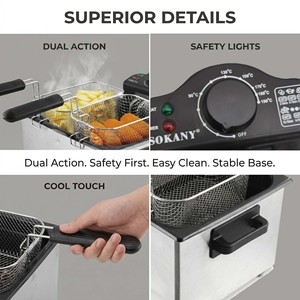 Friteuse électrique double panier 5,0 L, norme européenne, 2000W, <span class=keywords><strong>pour</strong></span> usage domestique, en acier inoxydable, avec commandes et bords lisses, facile à nettoyer - Product Image 3