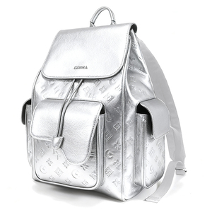 Custom Logo Metallic Silver Embossed High Quality PU Leather <b>Backpack</b> Large Capacity Laptop Travel <b>Backpack</b> - Product Image 3
