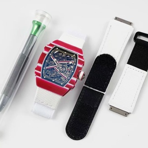 Luxury Men's <b>Automatic</b> Mechanical <b>Watch</b> RM6702 Style <b>Skeleton</b> Carbon Fiber Tonneau Case Sport Wristwatch Fabric Strap - Product Image 5