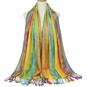 Elegant Colorful Paisley Soft Pashmina Scarf Gradient Printed Cotton Tassel Turkish Scarf For Lady