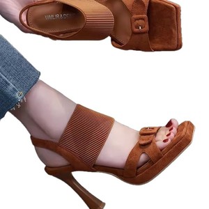 Sandalias de Tacón para Mujer, Tacón Alto de 3-5 cm, Banda Elástica Negra, Correa en T, Punta Abierta, Tendencia de Moda, Estilo Veraniego - Product Image 2