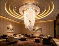 Lustre sur mesure pour plafond haut, en forme de U, en fibre de cristal, lampe artistique dorée, montage au plafond, éclairage LED dimmable pour hôtel 5 étoiles