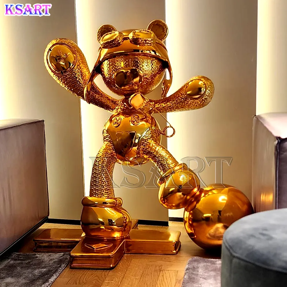 Interior electroplated golden bear statue resin crafts shop gallery decorative sculpture made