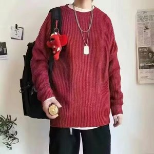 Suéter de punto de color sólido cuello redondo manga larga antibolitas informales sueltas para hombre populares al por mayor patrón superior de estilo sencillo - Product Image 2