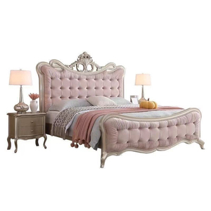 Cama de Casal King Size Estilo Americano com Cabeceira Estofada Rosa, Estrutura de Madeira Maciça - Cama de Quarto Adulto de Alta Qualidade - Product Image 3