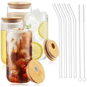 Hot Sale Sublimation 16oz 20oz Libbey Beer Can Shaped Drinking Glasses Mugs Cups with Bamboo Lid and Glass Straw