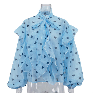 Atacado: Blusas Femininas Elegantes Casuais de Manga Longa com Babados e Estampa – Tendência de Moda Verão 2026 - Product Image 4
