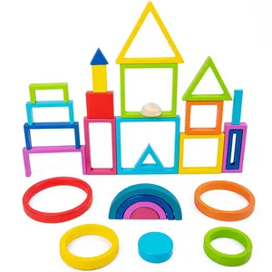 Wooden Frame Splicing Children's Puzzle Rainbow Building Block Four Piece Set Creative Tower Folding Toy