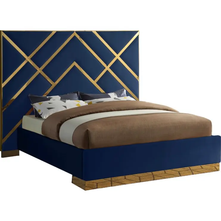 67 Inches High headboard Amazon Supplier New Design Navy Blue Velvet Vector Gold Border Bed for Bed Room Hotel Furniture