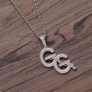 <b>Copper</b> CZ CC Gun Pendant Necklace, Letter <b>Chain</b> Hip Hop Jewelry - Product Image 2