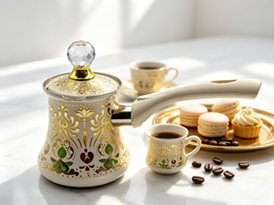 หม้อกาแฟตุรกีเคลือบลายดอกไม้สไตล์วินเทจ พร้อมฝาปิดและหูจับ ใช้กับเตาได้ เหมาะสำหรับกาแฟอาหรับ เป็นของขวัญ - Product Image 4