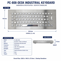 Clavier de bureau industriel en acier inoxydable étanche IP65 personnalisé PC-808-DESK, 65 touches USB PS/2 pour machine CNC, kiosque
