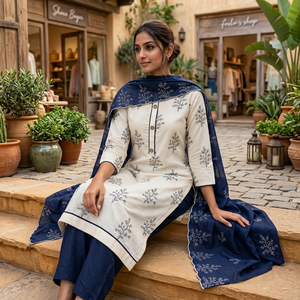 Conjunto de traje salwar bordado en azul marino para mujer de Prayosha Enterprise con kurta con estampado botánico, pantalones a juego y dupatta, India. - Product Image 3