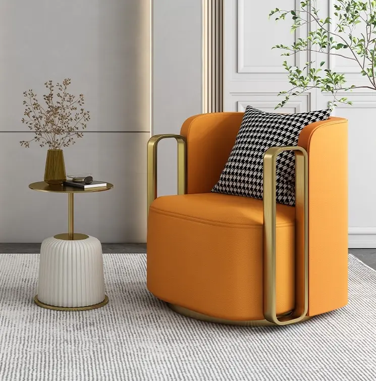 Silla de cuero auténtico y moderna de lujo para sala de estar, mueble de sala de estar con rotación de sala de espera, con estilo dorado