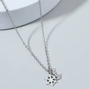 Fashion Wholesale Waterproof Jewelry Vintage Hollow Out Anchor Rudder Stainless Steel Pendant Necklace for Women Men Gift