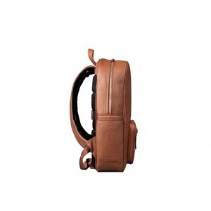 Unisex Genuine Leather <b>Backpack</b> Solid Brown Zipper Closure Front Pocket Adjustable <b>Strap</b> Durable Casual Daily Use - Product Image 3