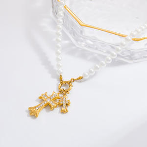 <b>Cross</b> Pendant Pearl Necklace 18K Gold Plated Pave Setting Clavicle <b>Chain</b> For Gift - Product Image 3