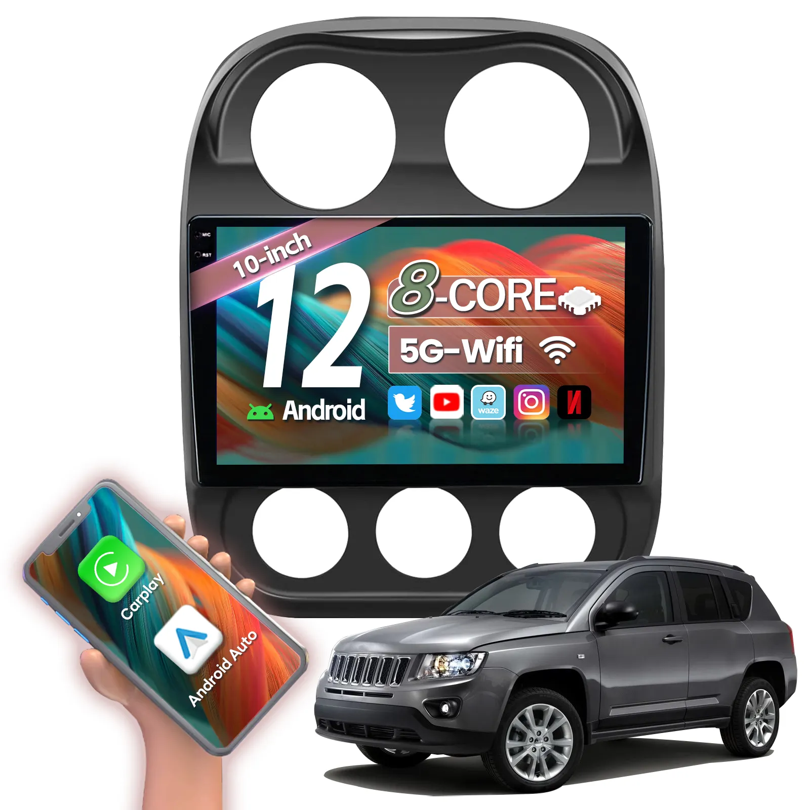 Jeep pusula 10-16 multi-medya oynatıcı 8 çekirdek evrensel radyo 6 + 128g araba Gps Carplay oto Android 12 araba radyo