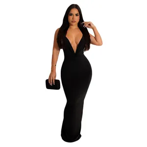 2024 Women's Solid Color V-Neck Dress Sexy Deep Solid-Color Casual Polyester Spandex Natural Waistline Straight Evening Dress