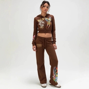 Ensemble survêtement baggy pour femme 2026 Y2K vintage avec sweat à capuche court zippé et pantalon de jogging large à motif tatouage - Product Image 2