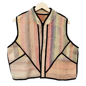 Chaleco de Punto Corto para Mujer, Ecológico, Transpirable, Estilo Vintage, con Bloques de Color, Cuello en V, Diseño Asimétrico, Patrón Empalmado - Product Image 1