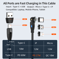 Câble de données 6 en 1 Type C 60W | USB-C et USB-A 540 cordon de chargeur d'ordinateur portable PD60W pivotant avec 3 embouts magnétiques et adaptateur USB