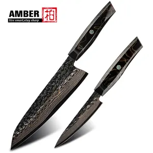 Amber 2 buah Set pisau peralatan koki Jepang Master VG10 pisau dapur Damaskus tembaga Set pisau Resin epoksi pegangan Resin