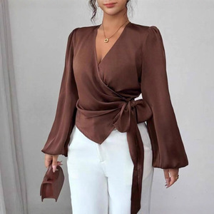 Women's Polyester Satin Wrap Blouse Plain Dyed Solid Spring Simple <strong>Long</strong> Puff <strong>Sleeve</strong> Belt Tie Waist <strong>V</strong> <strong>Neck</strong> Elegant <strong>Top</strong> - Product Image 1