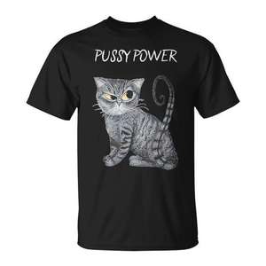 Camiseta Pussy Power para Amantes de los Gatos, Negra, Unisex, Cuello Redondo, Manga Corta, Impresión en Serigrafía, Prenda Promocional, Tallas S, M, L, XL, XXL - Product Image 1